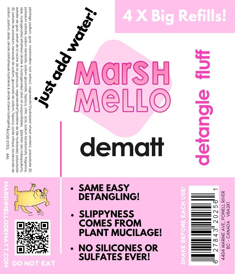 Label of the NEW 4-pack of Big Refill MarshMello Dematt&#39;s, lists ingredients